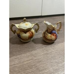 Porcelain Enesco Japan Hand Painted Sugar Bowl And Pitcher Fruit